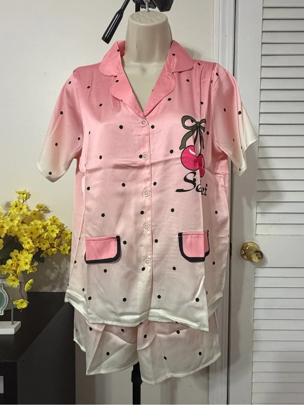 Pink Cherry Polka Dot Satin Short Pajama Set fit Small and Medium